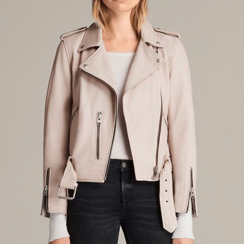 AllSaints Balfern Leather Biker Jacket Blush Light Pink Size 0